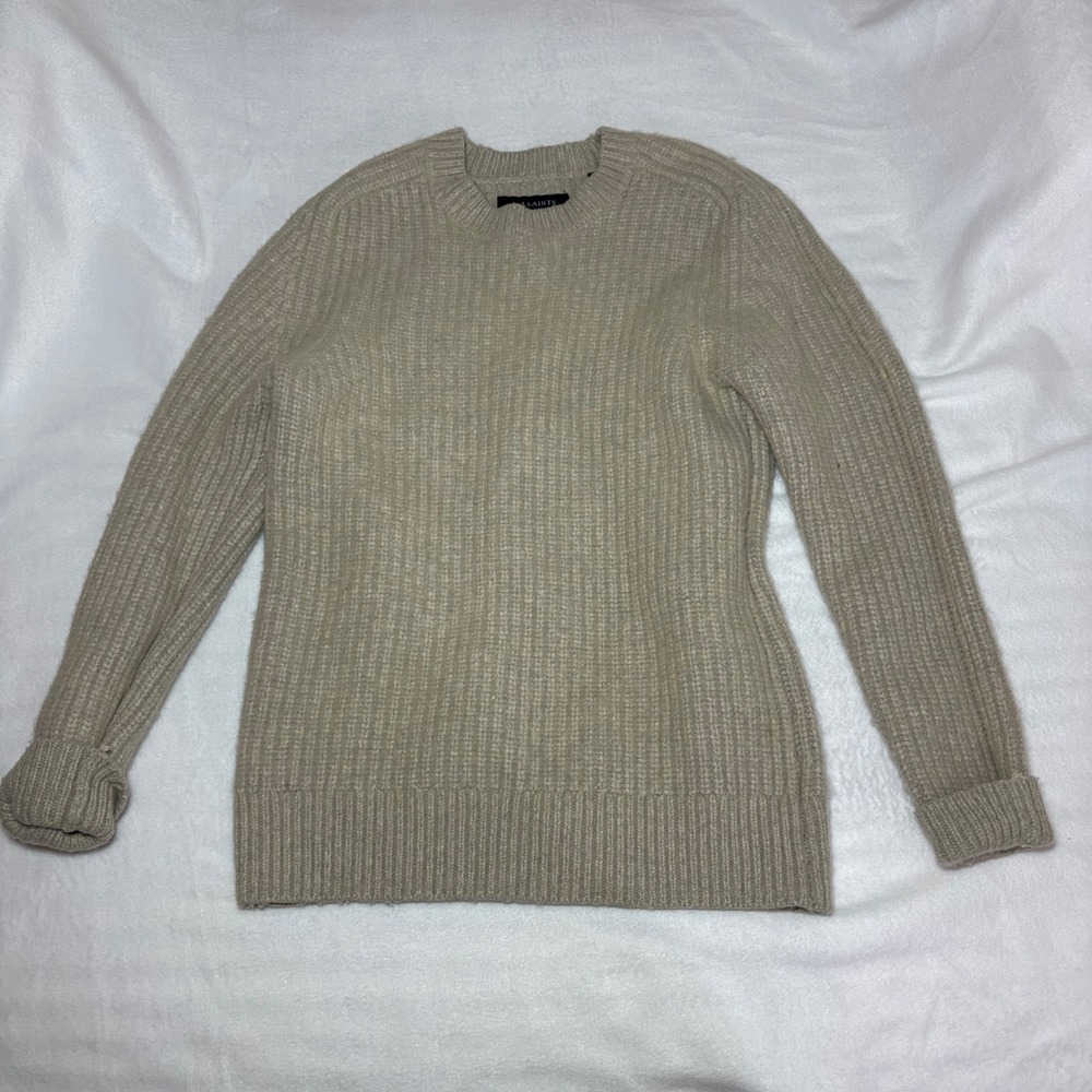 AllSaints Women Oatmeal Beige Ribbed Knit Crew Neck Sweater Small